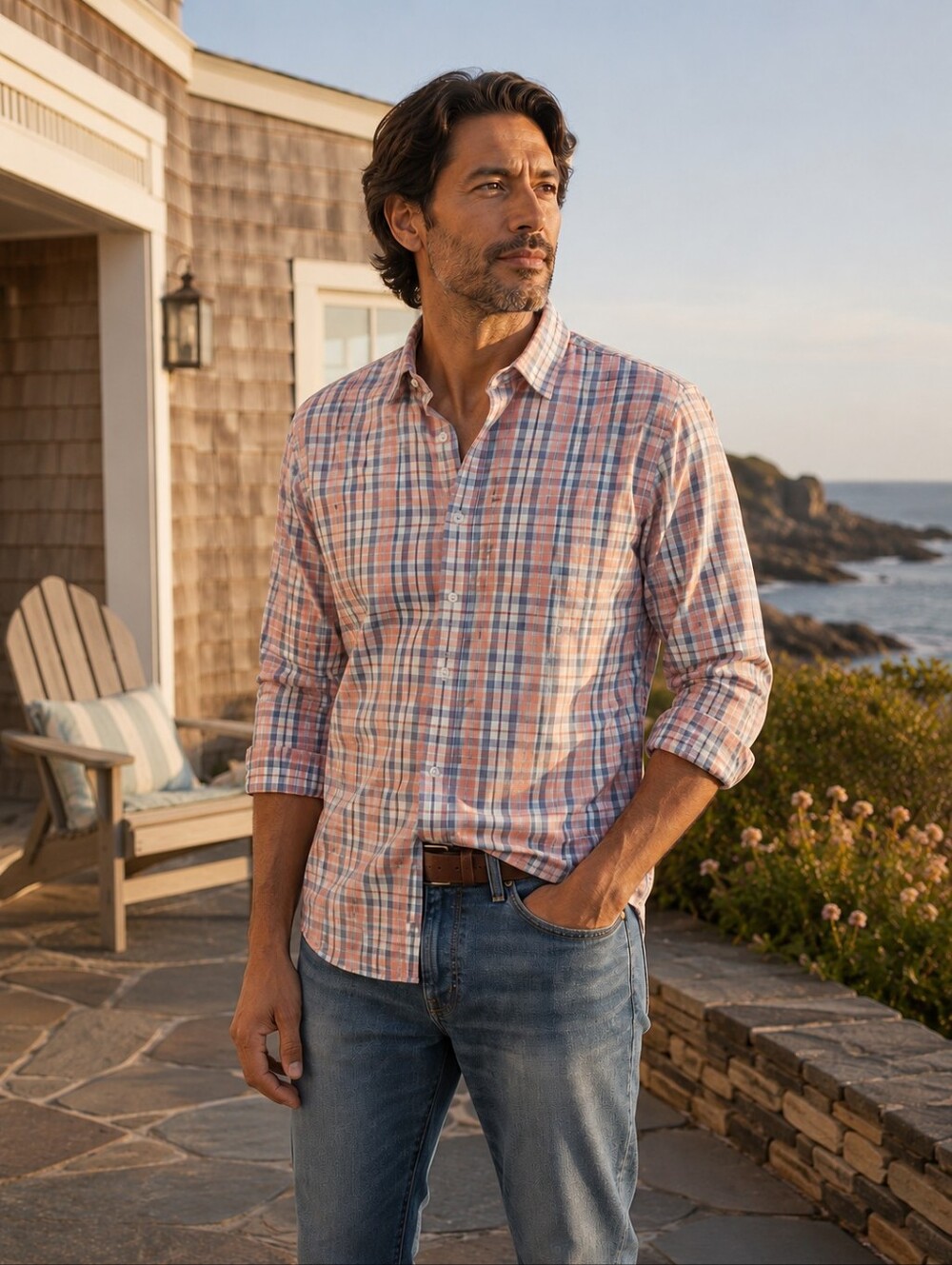 Faherty Movement Shirt XL Coral Blue Plaid Supima Stretch Button Down